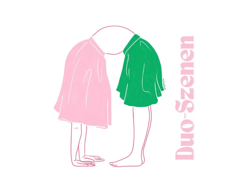 Eine gezeichnete Person hat einen grünen und rosa Rock an und beugt sich nach vorne