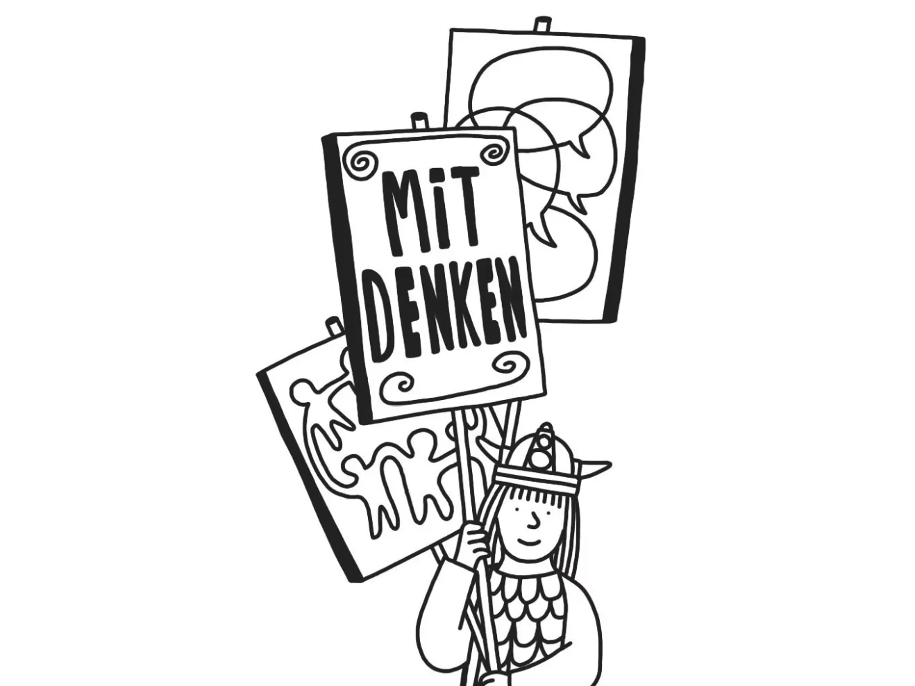 Illustration eines kleinen Wickingers, der ein Schild hochhält auf dem steht: Mitdenken
