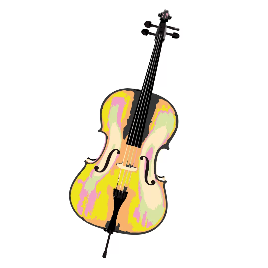 Illustration eines Cellos, bei dem die Lichtreflexe in bunten Farben erscheinen
