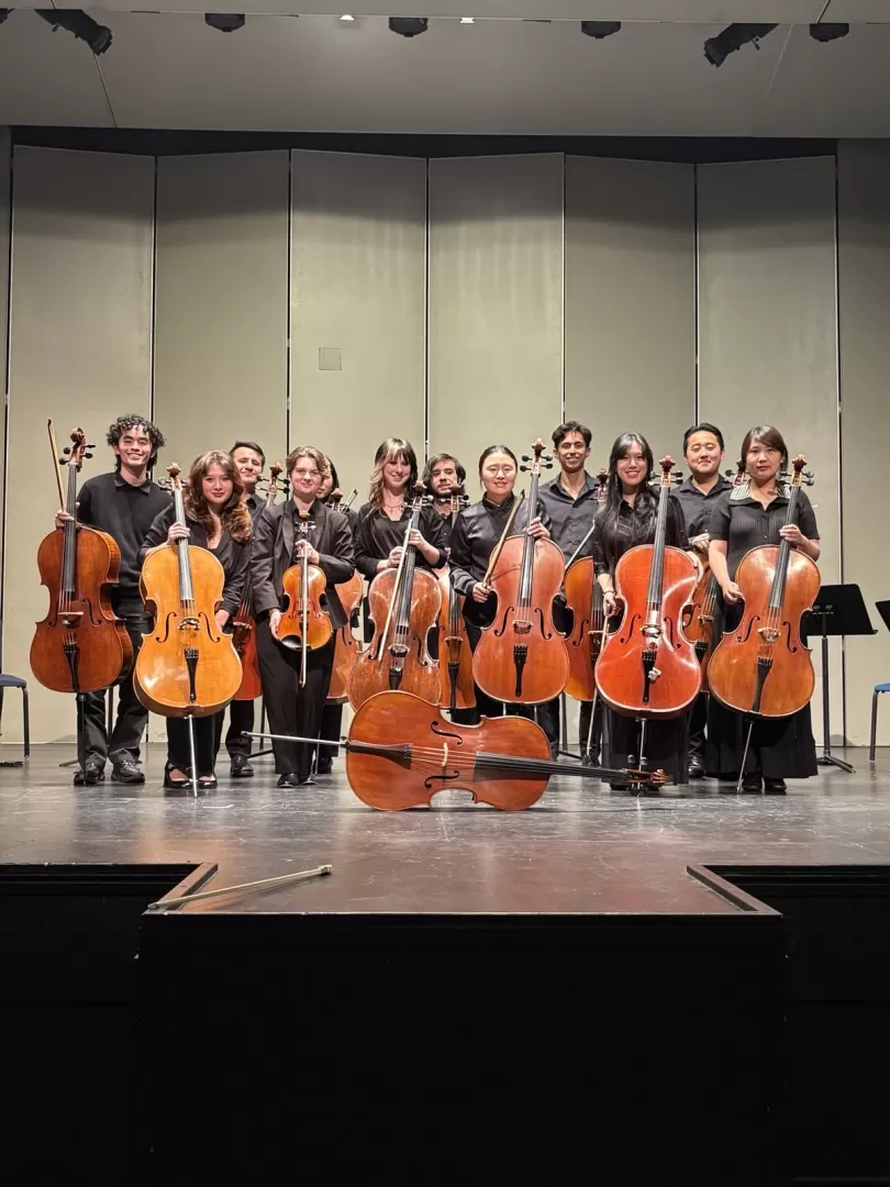 Die Mitglieder eines größeren Cello-Ensembles stehen mit ihren Instrumenten auf einer Bühne, Gruppenfoto.
