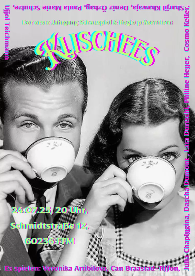 Plakat in Schwarz-Weiß mit zwei kaffeetrinkenden Personen.