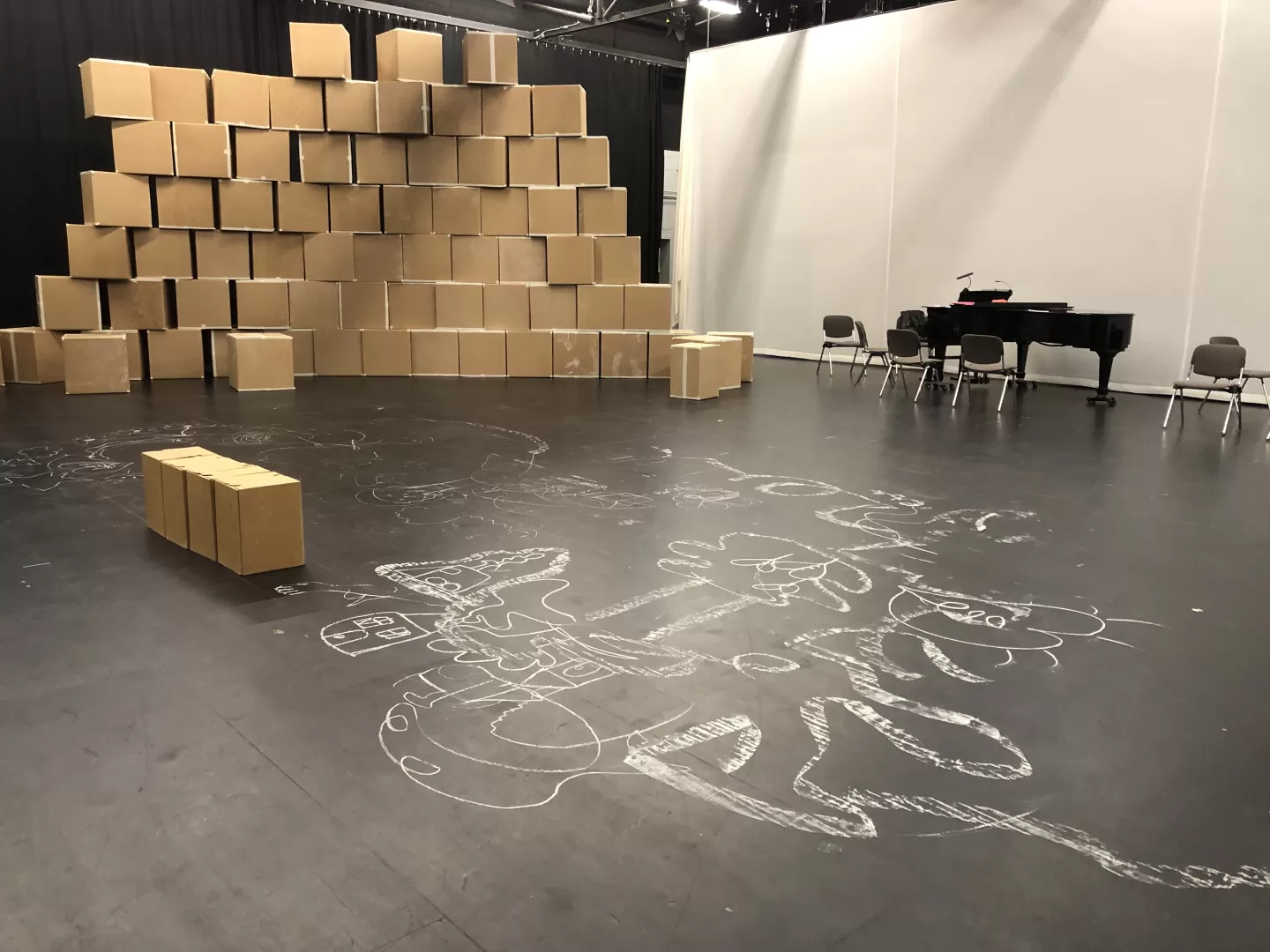 Kreidezeichnungen auf dem schwarzen Bühnenboden