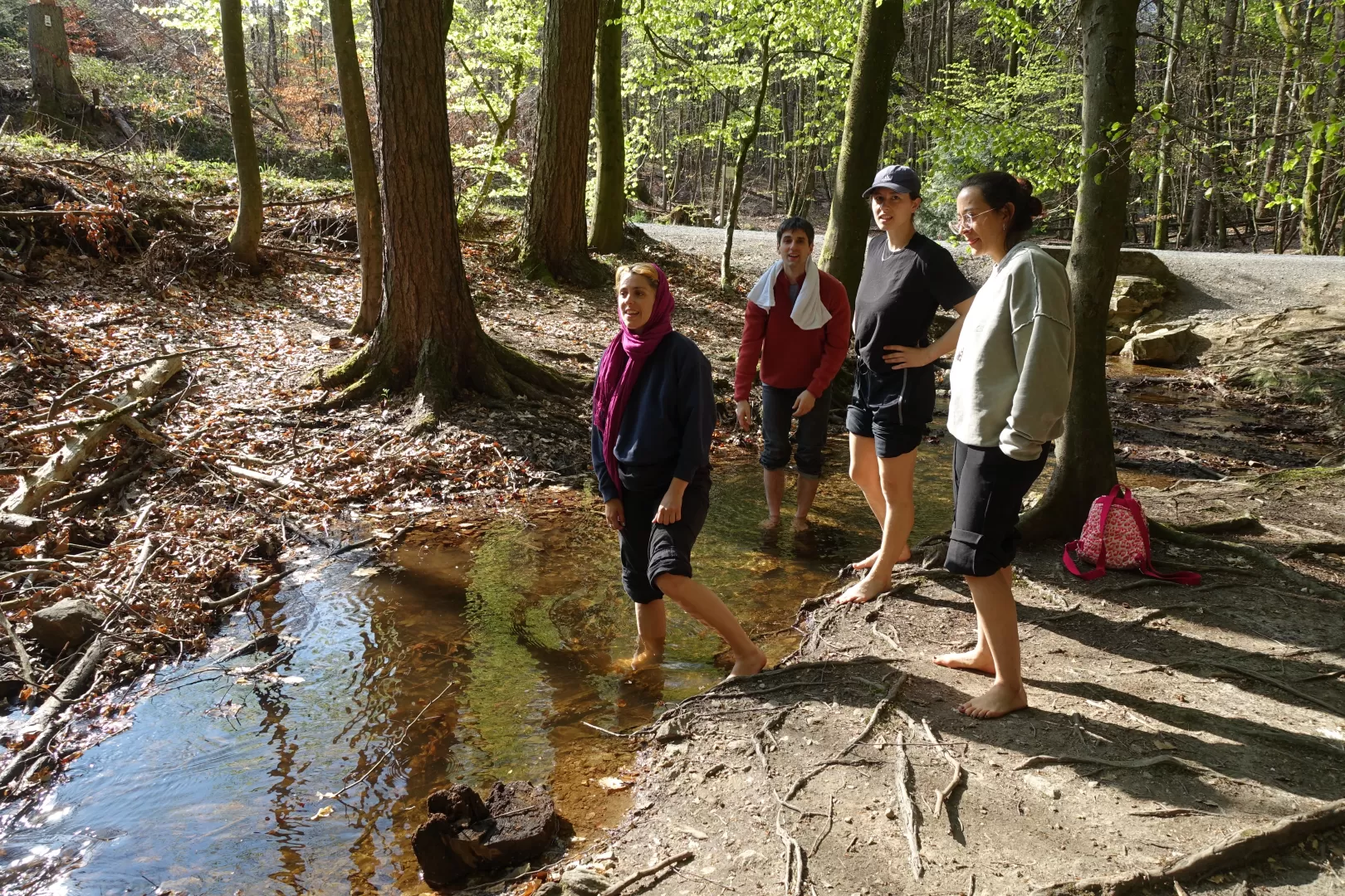 Vier Studierende stehen an einem Bach im Wald