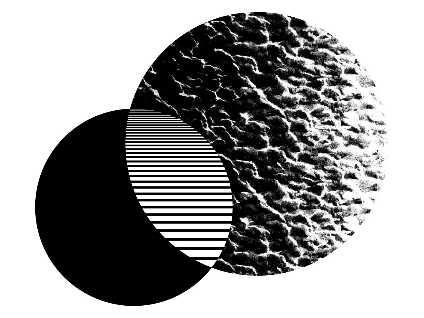 Eine Grafik, die zwei Kreise darstellt: Ein großer Kreis, der wie ein Planet aussieht, und ein kleinerer schwarzer Kreis. Auf der Schnittfläche der Kreise ist ein anderes, drittes Muster zu sehen, stilisierte Linien.