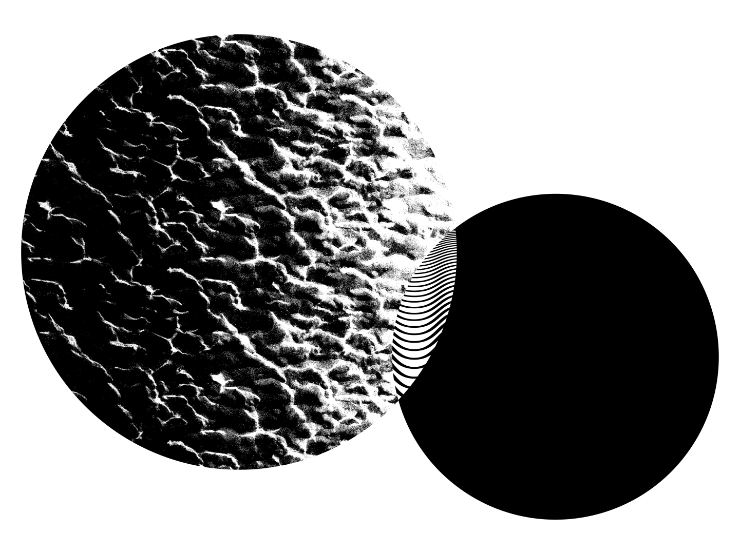 Eine Grafik, die zwei Kreise darstellt: Ein großer Kreis, der wie ein Planet aussieht, und ein kleinerer schwarzer Kreis. Auf der Schnittfläche der Kreise ist ein anderes, drittes Muster zu sehen, stilisierte Wellenlinien.