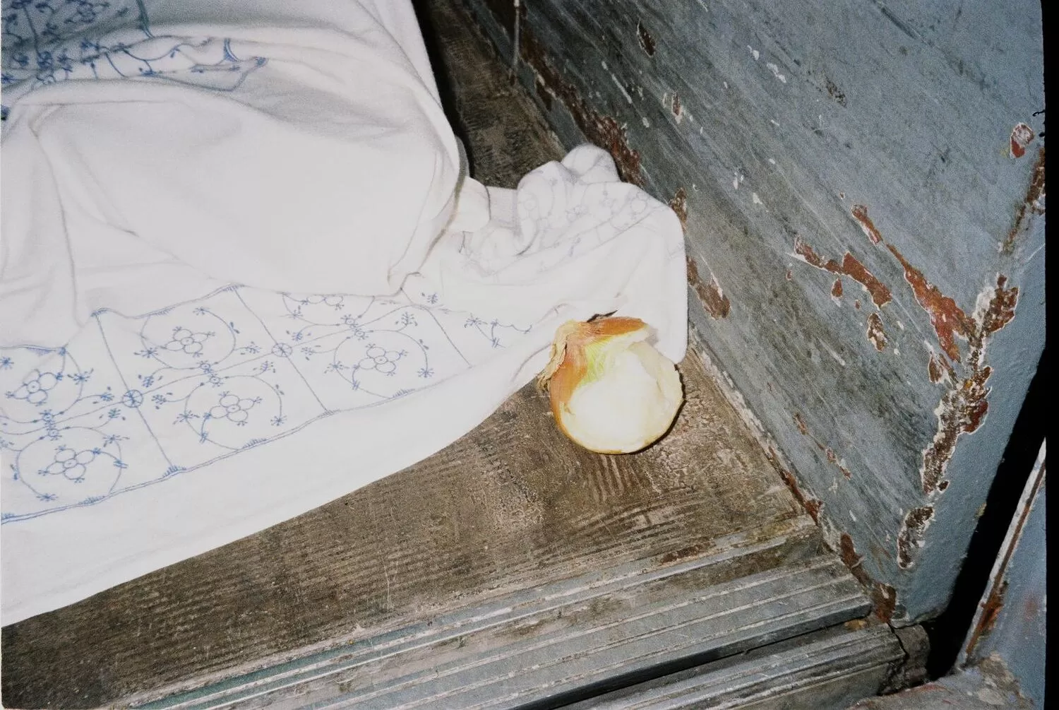 Auf einem alten Holzboden liegt eine blau-weiße Stoffdecke und daneben eine halb geschälte und angebissene Zwiebel.