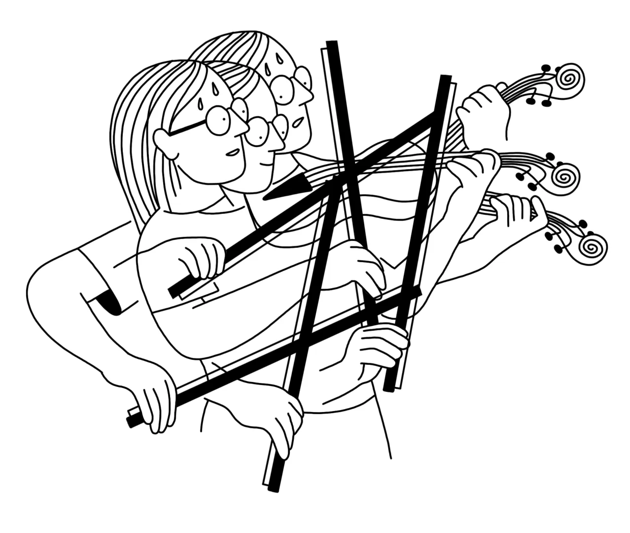 Illustration einer Person, die Geige übt und dabei vor Anstrengung schwitzt