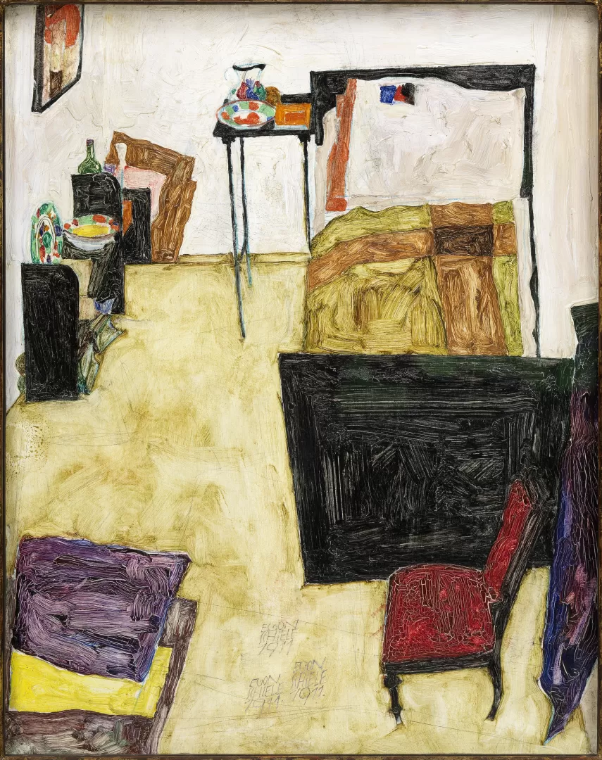 Ein handgemaltes Wohnzimmer mit Bett und Stuhl