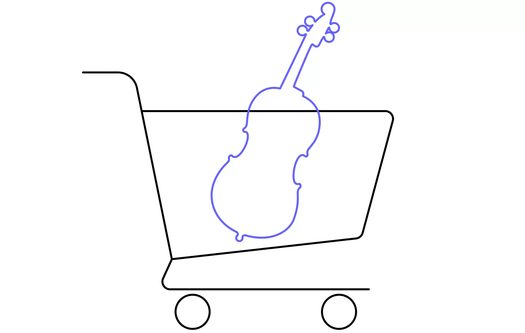 Piktogramm eines Einkaufswagens mit einem blauen Cello darin.
