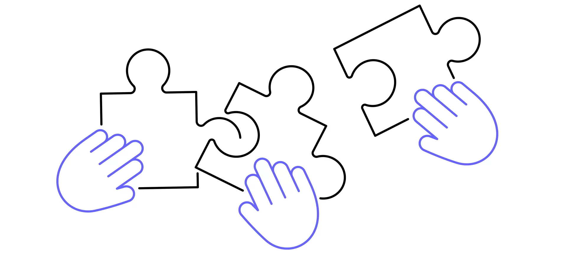 Piktogramm von drei Puzzleteilen, die von drei blauen Händen gemeinsam zusammengefügt werden.