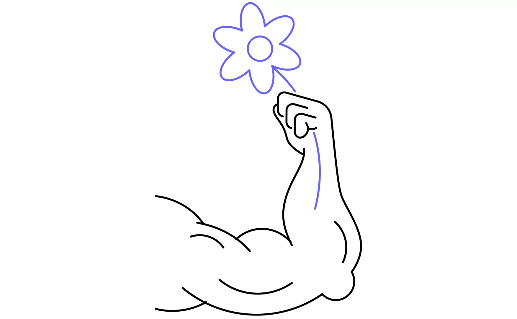Piktogramm eines angewinkelten, muskulösen Arms, der eine blaue Blume trägt. Die Blume bildet die Verlängerung des Armbogens.