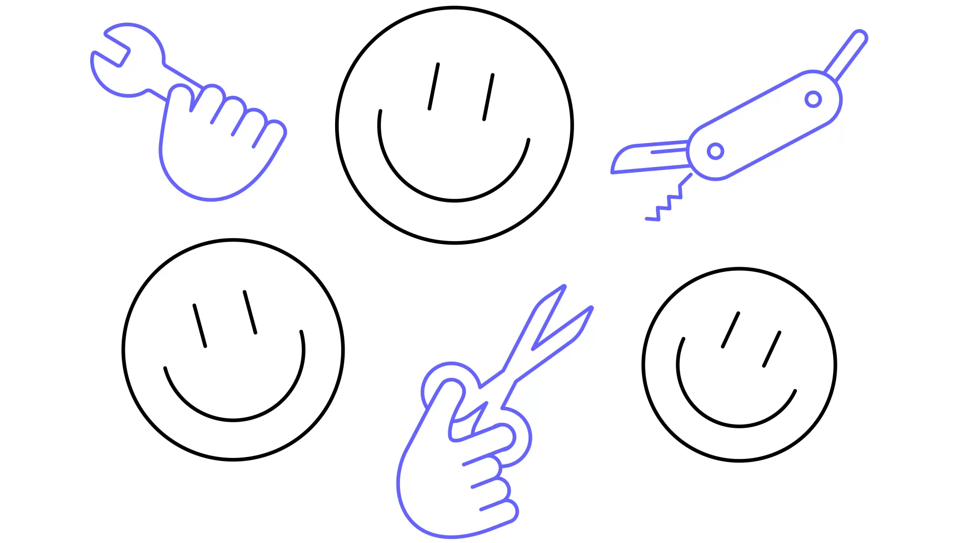 Piktogramm von drei lächelnden Smileys. Sie teilen untereinander blaue Werkzeuge: ein Taschenmesser, eine Schere und ein Schraubenschlüssel.