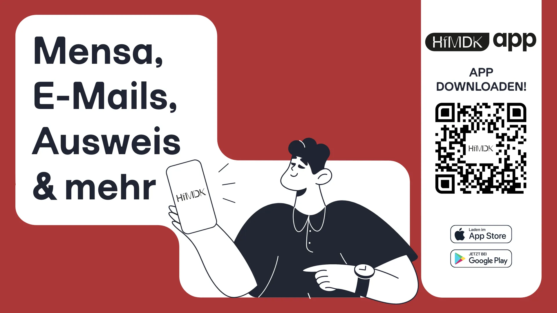 Comic-artig gezeichnete Figur mit einem Smartphone. Aufforderung zum Download der HfMDK app