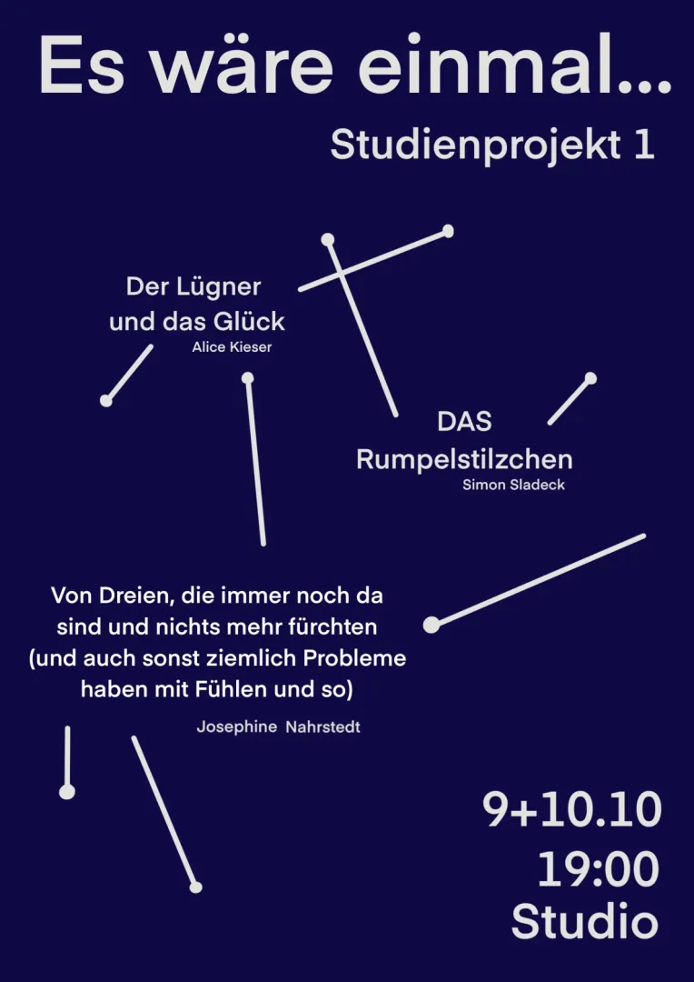 Infos zum Studienprojekt Regie in weißer Schrift auf dunkelblauem Hintergrund.