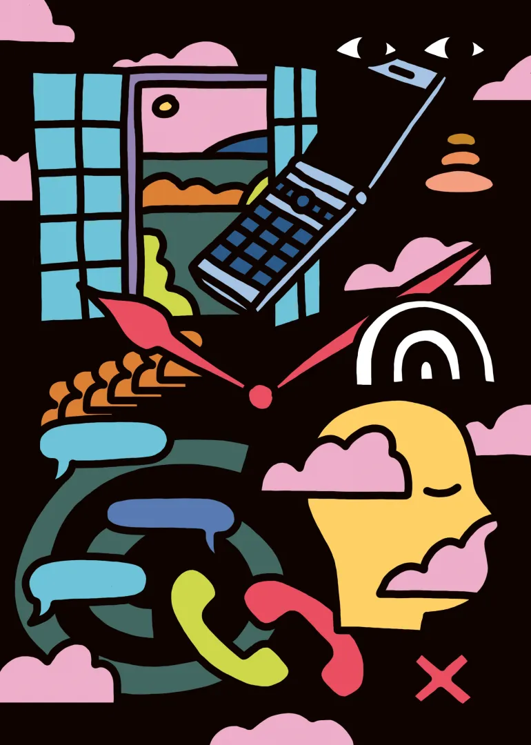 Bunte Illustration mit z.B. einem Handy, Sprechblasen, Telefonhörern, einem offenen Fenster und Uhrzeigern in der Mitte.