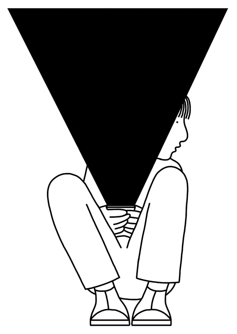 Schwarz-weiße Illustration einer Person, aus deren Smartphone-Display ein schwarzes, alles überladendes Licht strömt.