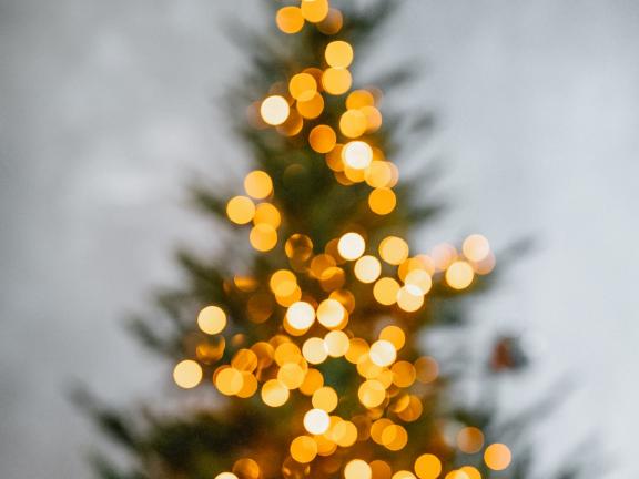 Weihnachtsbaum mit goldenen Lichtern, unscharf, unfokussiert.
