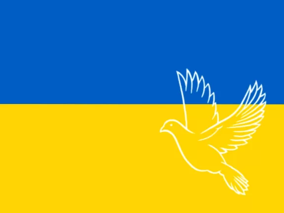 Umriss einer weißen Friedenstaube auf den Farben der ukrainischen Flagge: Blau oben, gelb unten.