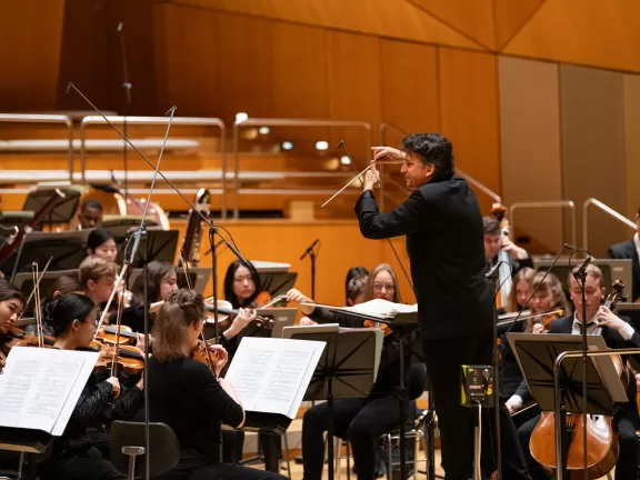 Prof. Michael Sanderling dirigiert das Orchester.