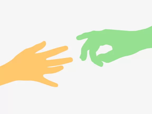 Grafik einer gelben Hand und einer grünen Hand, die typische Handhaltungen beim Musizieren zeigen.