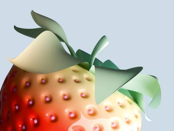 Ausschnitt einer sehr künstlich aussehenden Erdbeere, die noch etwas unreif zu sein scheint.