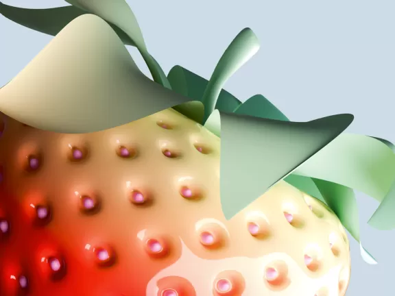 Nahaufnahme einer Erdbeere, die sehr künstlich aussieht.