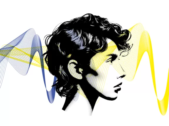 Illustration eines Frauenkopfs mit kurzen Haaren, dargestellt im Profil, der von blauen und gelben abstrahierten Schallwellen überlagert wird.