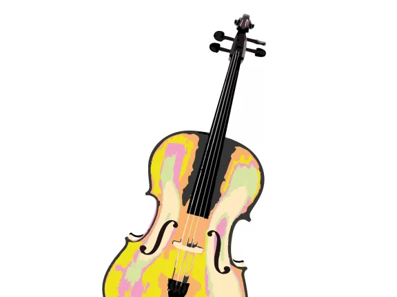 Illustration eines Cellos, bei dem die Lichtreflexe in bunten Farben erscheinen