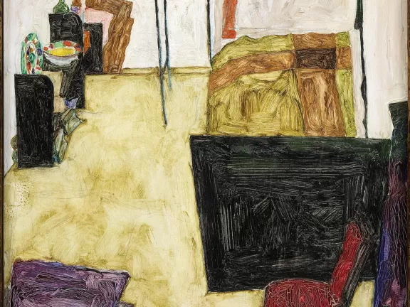 Ein handgemaltes Wohnzimmer mit Bett und Stuhl