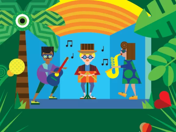 Musiker*innen spielen im Palmengarten, Illustration