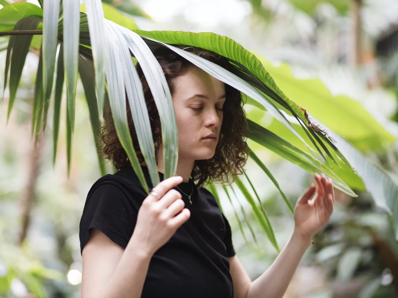 Toni Pietschmann mit geschlossenen Augen unter einem großen Blatt im Palmengarten