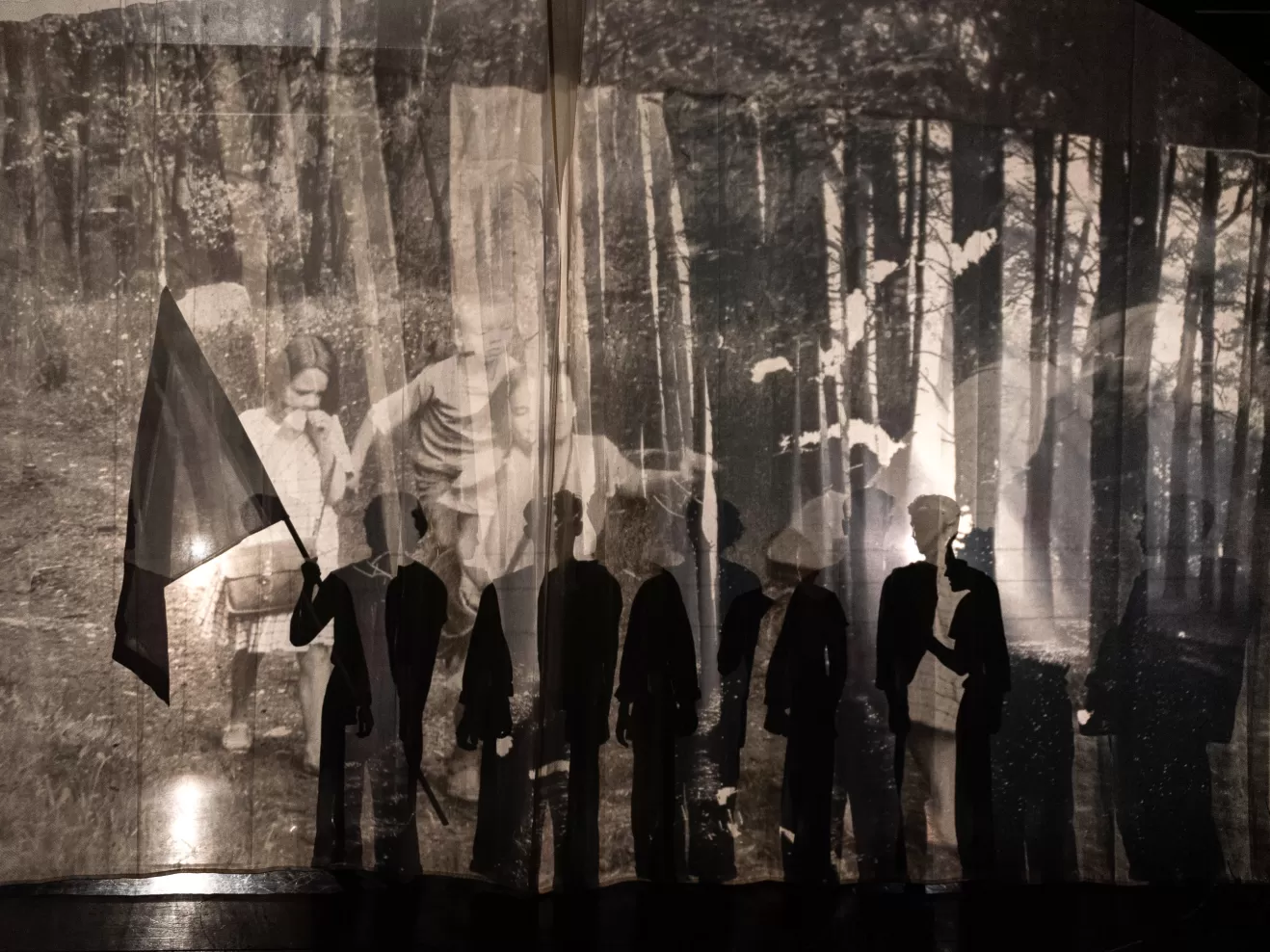 Eine Schattenwand, die nur Silhoutten des Ensembles sichterbar macht.