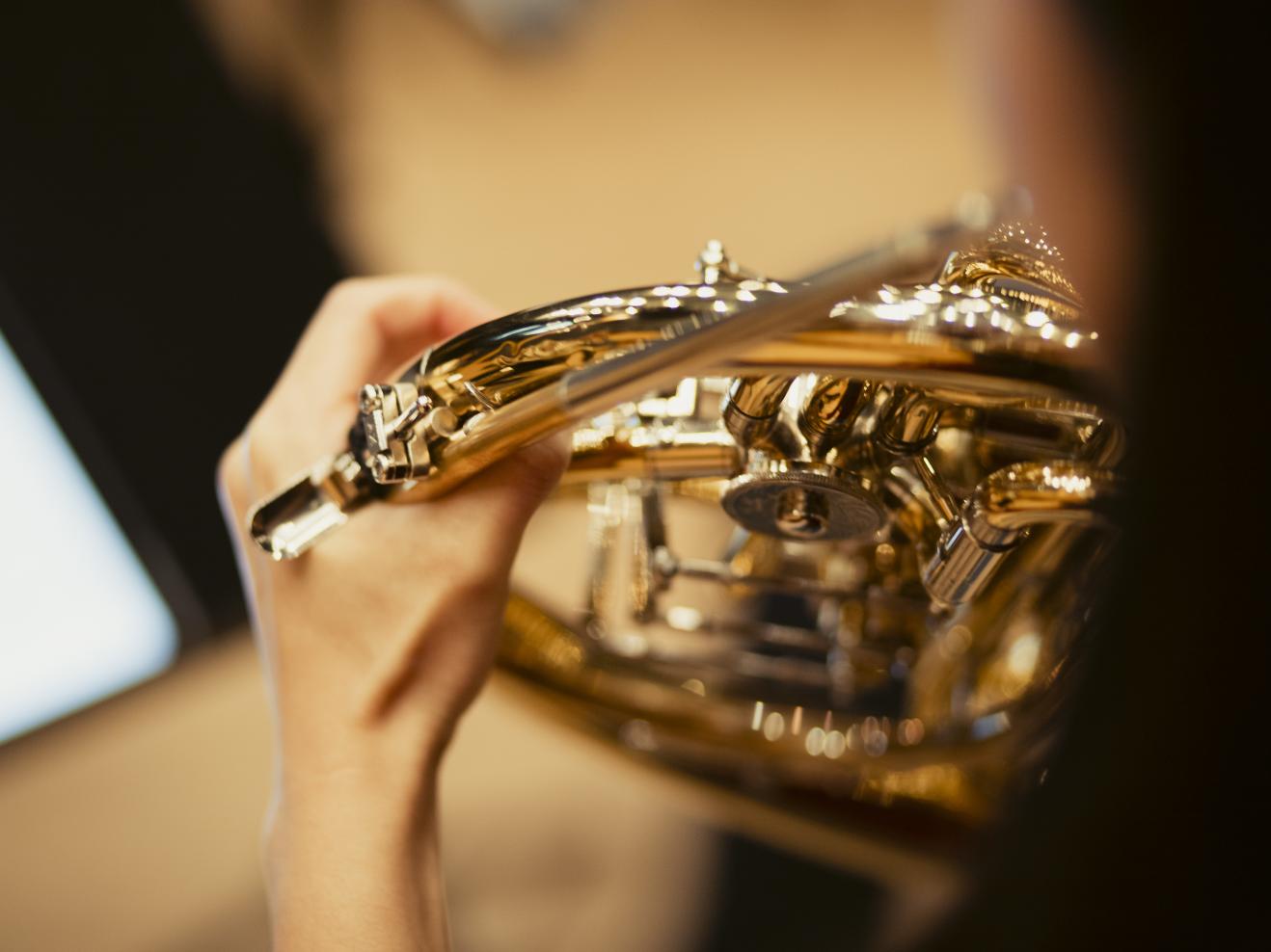 Nahaufnahme einer Hornistin beim Spiel, man sieht nur ihre Hand, die das Instrument greift.