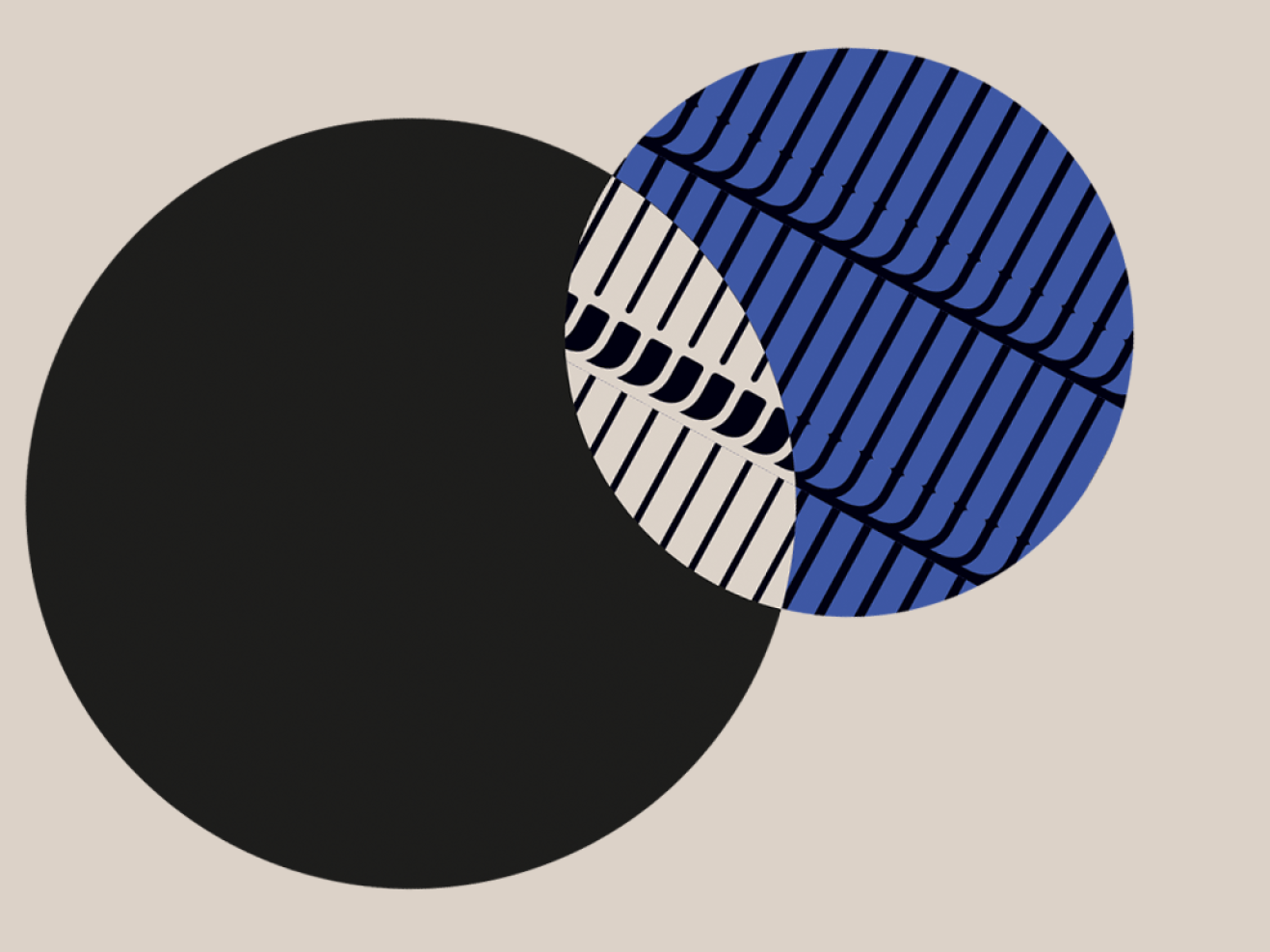 Illustration zweier ineinander greifender Kreise, einer schwarz, einer blau mit schwarzem Linienmuster.
