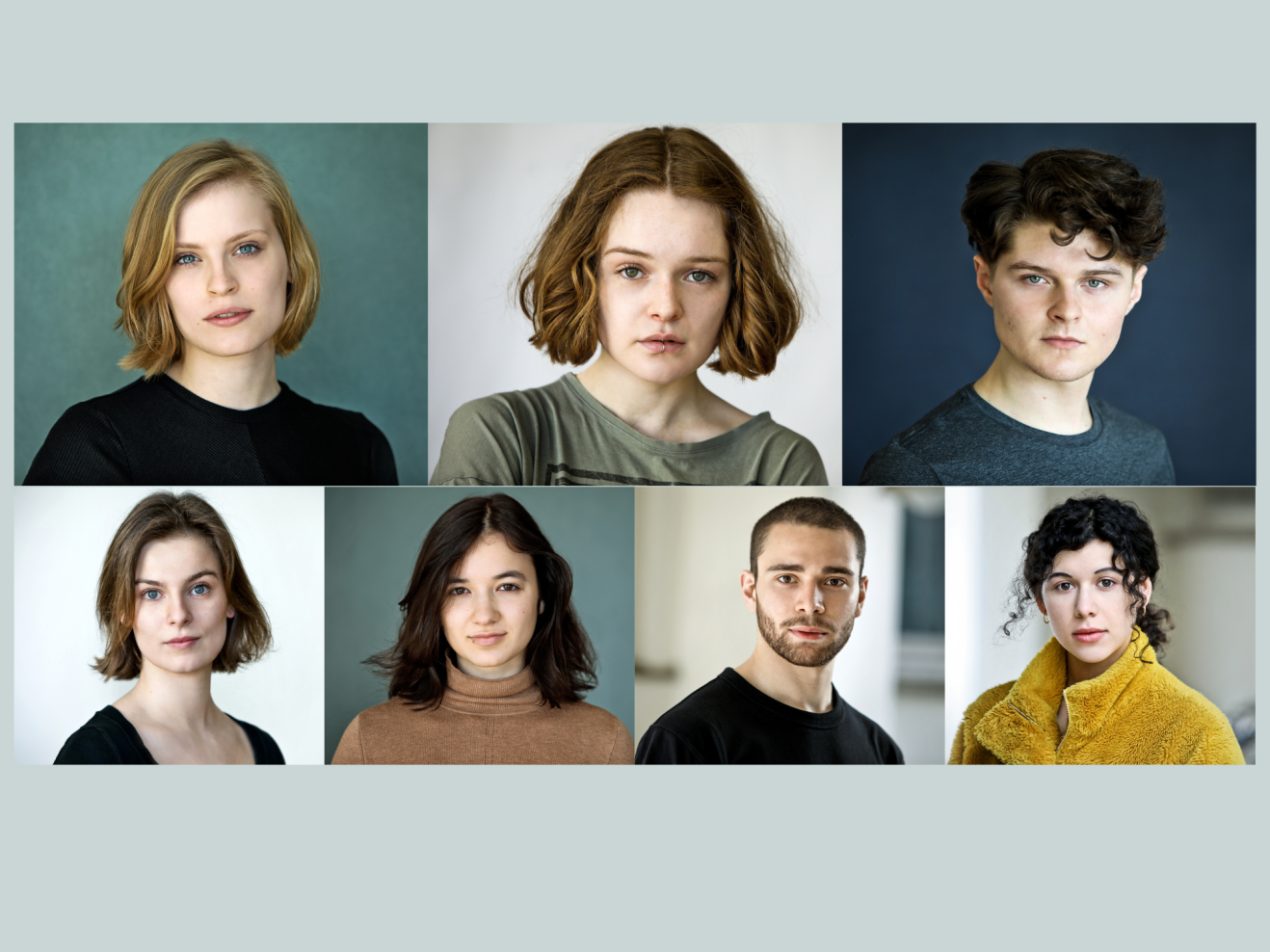 Collage mit Portraits der acht Studierenden, die im Studiojahr 22/23 an verschiedenen Theater arbeiten werden.