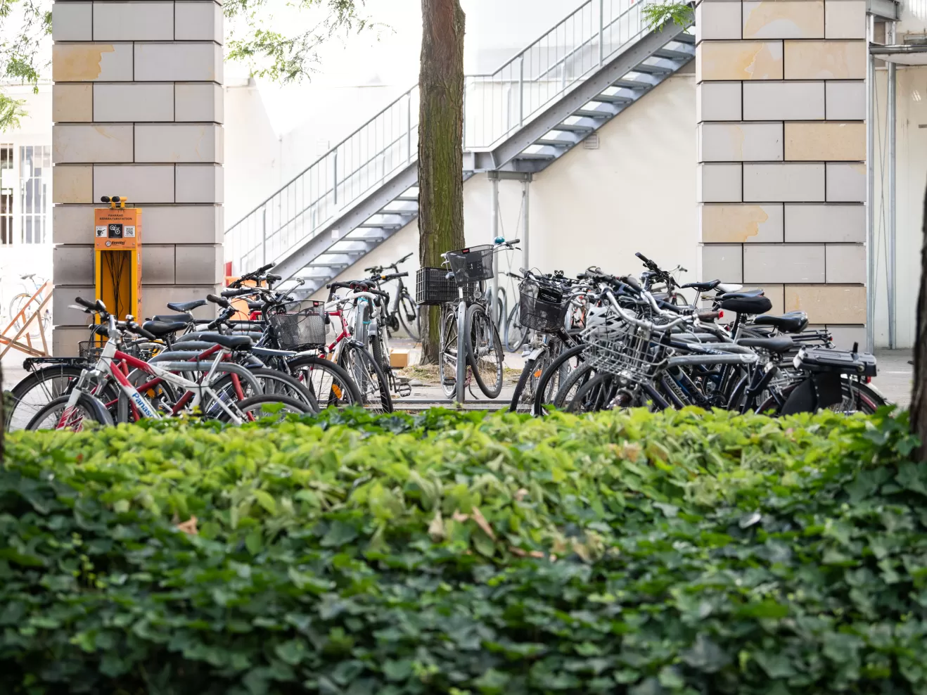 Fahrradständer mit Fahrrädern im Innenhof