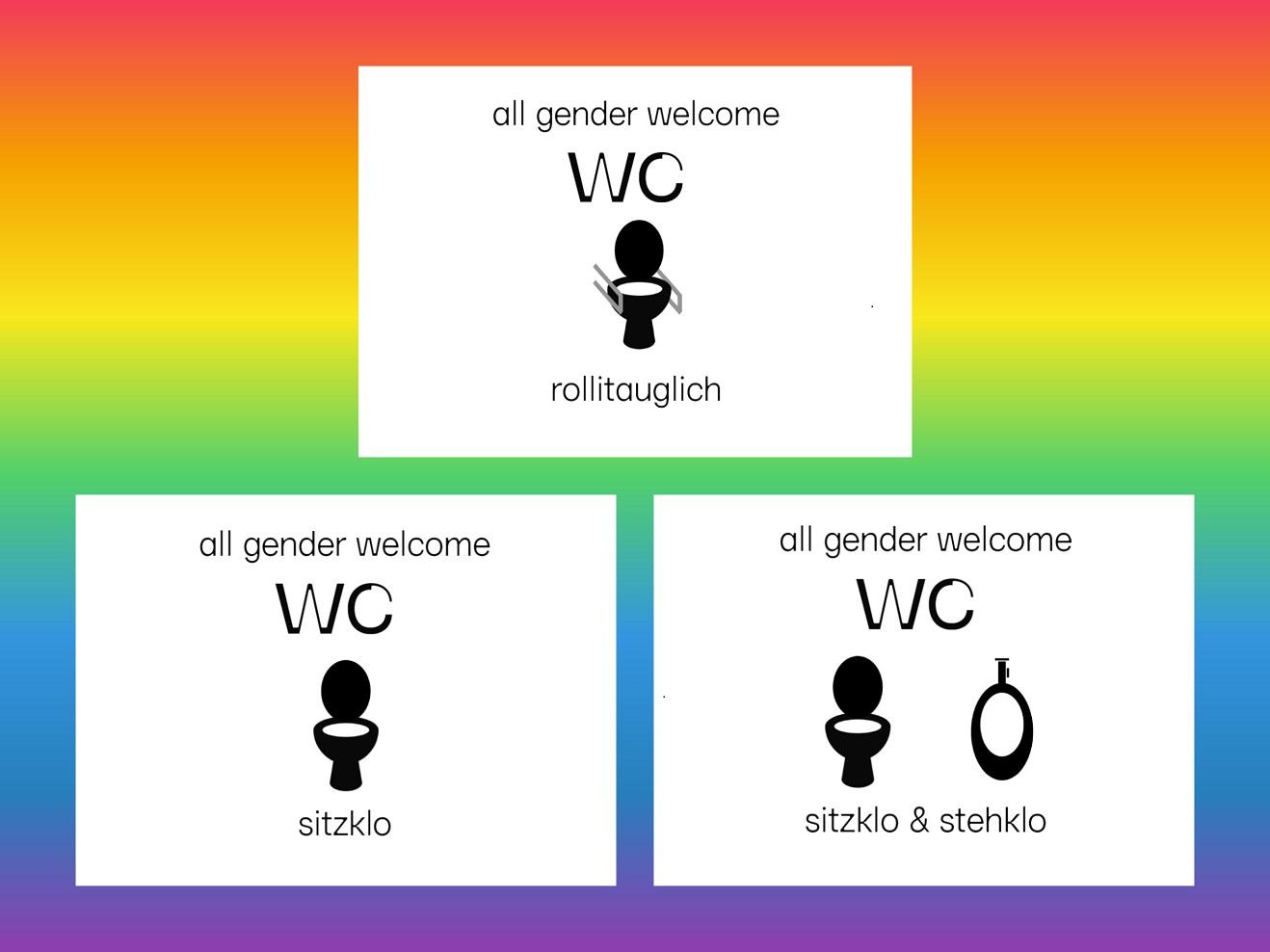 Beschilderung der All-Gender-Toiletten: Sitzklo/Stehklo/rollitauglich