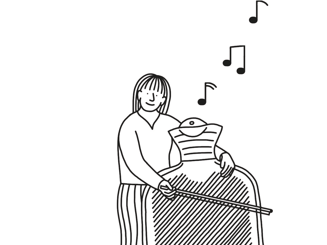 Illustration einer Figur, die Kontrabass spielt - aber anstelle des Instruments ist eine große Wärmflasche zu sehen