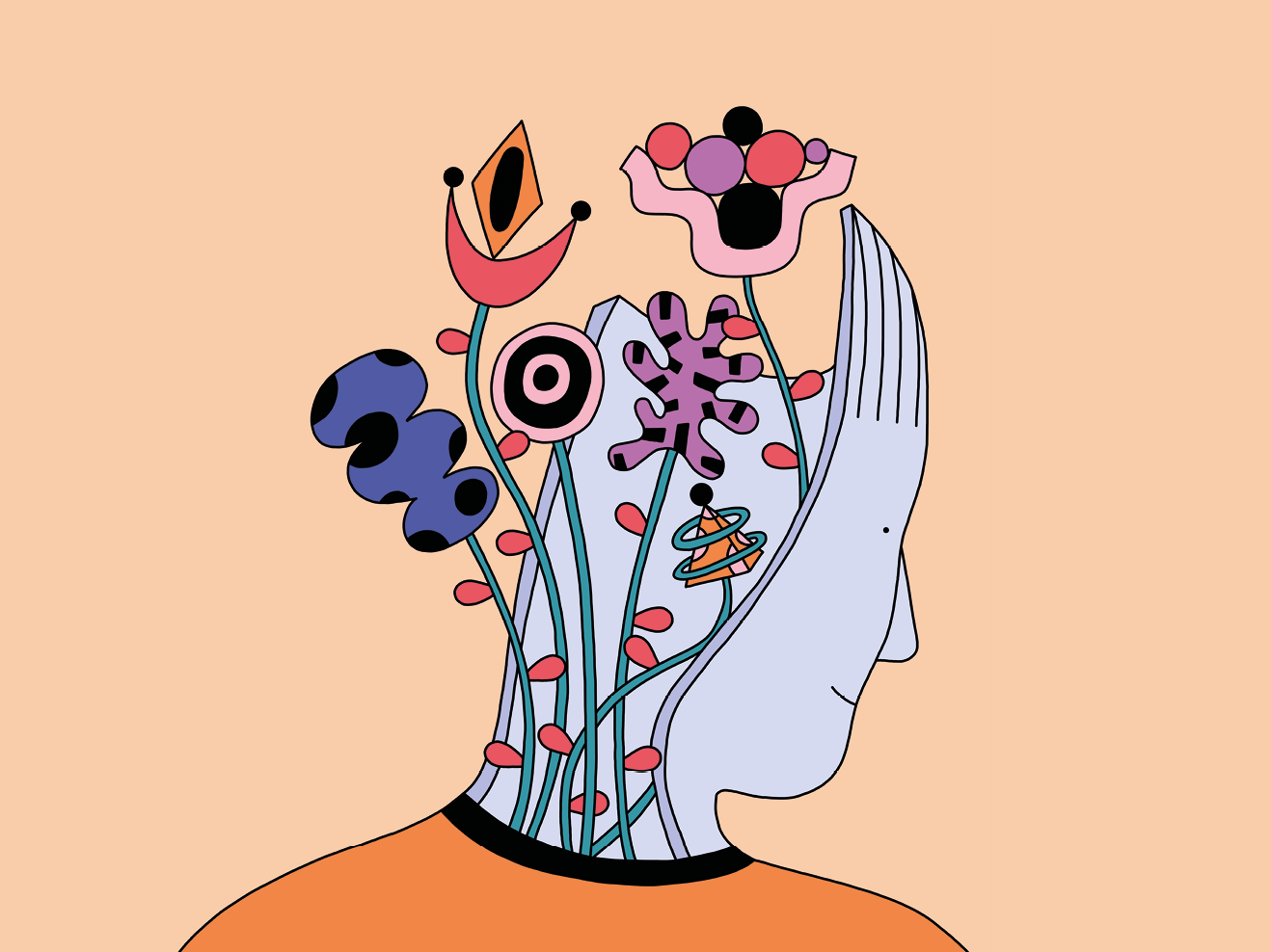 Bunte gezeichnete Illustration eines Menschenkopfs, in dem verschiedene Blumen wachsen, die Gedanken und Persönlichkeitsmerkmale symbolisieren.