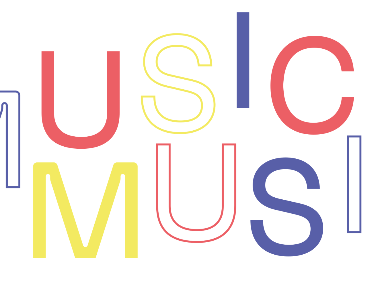 Bunte Buchstaben des Wortes MUSIC bzw. MUSIK vor weißem Hintergrund.