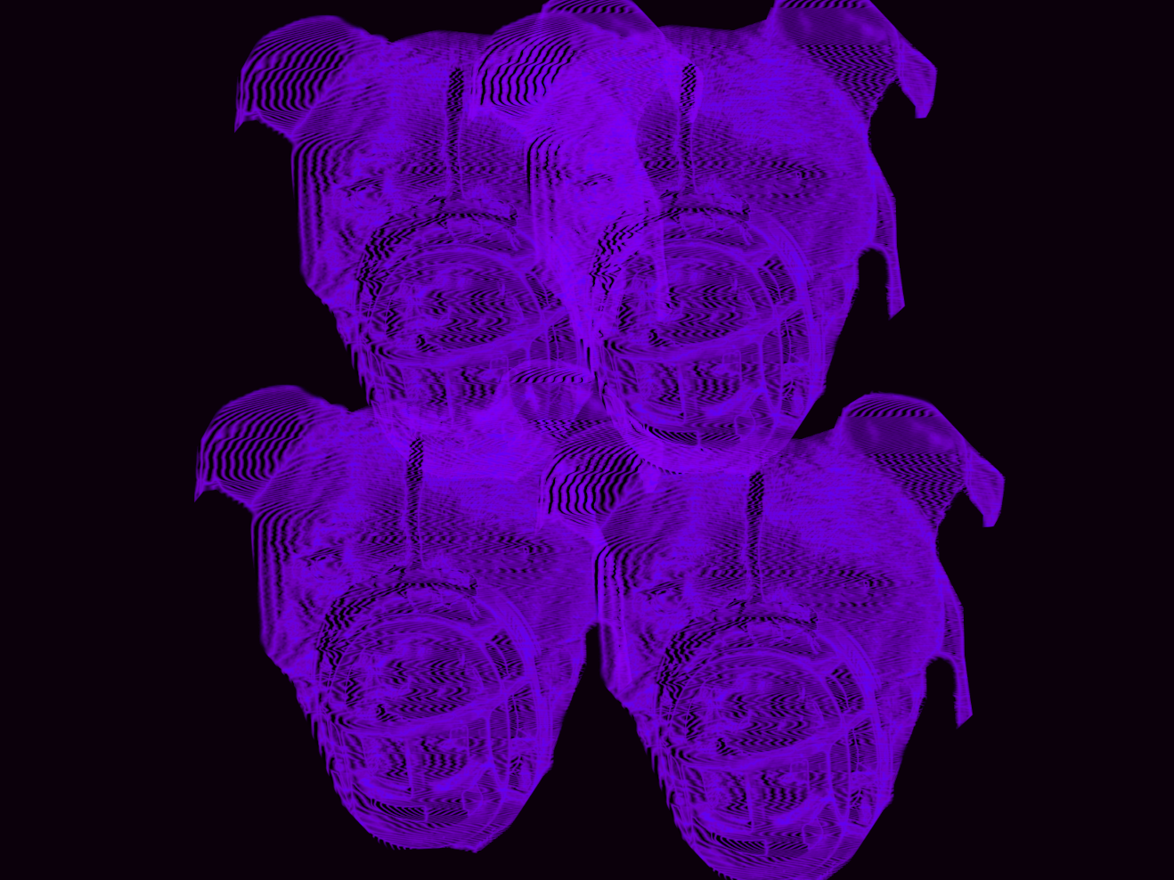Grafik mit vier abstrahierten lilafarbenen Hundeköpfen, die in einer 3D-Anmutung vor schwarzem Hintergrund schweben.