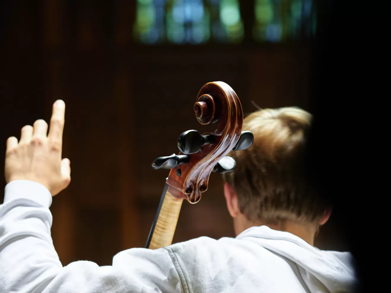 Rückenansicht von einer Person am Cello, die ihre linke Hand hebt.