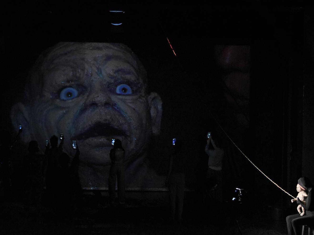 Eine Puppe wird gefilmt und an die Bühnenwand projiziert und von einer Personengruppe mit Handy fotografiert.