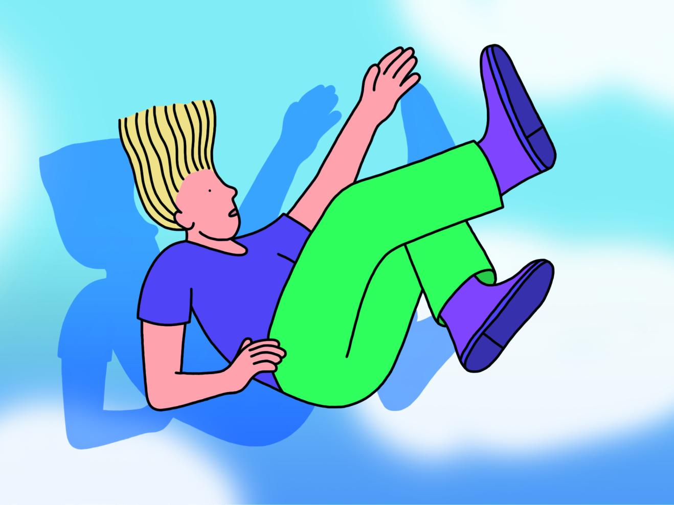Illustration einer Person im freien Fall vor blauem Himmel mit weißen Wölkchen.