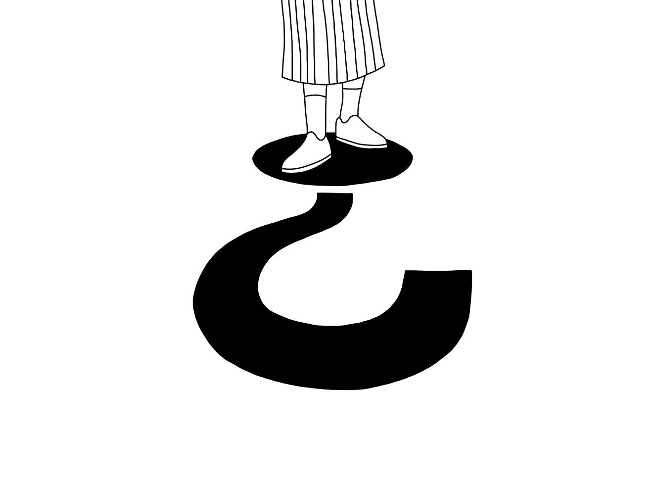 Schwarz-weiße Illustration einer Person, die auf dem Punkt eines großen Fragezeichens steht.