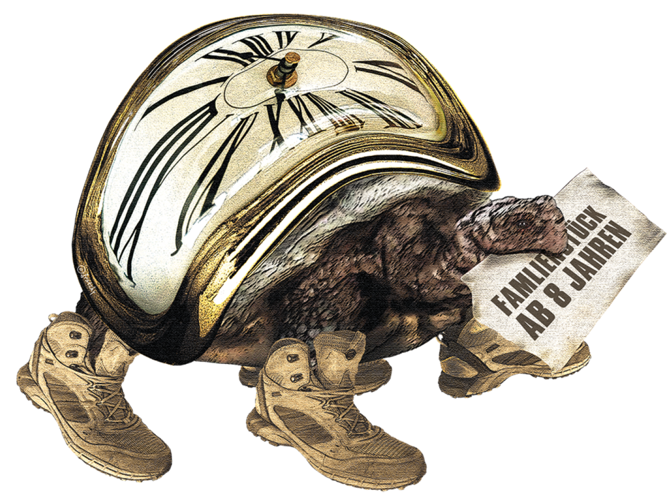 Schildkröte, deren Panzer aus einer Uhr besteht, und einen Zettel im Mund trägt.