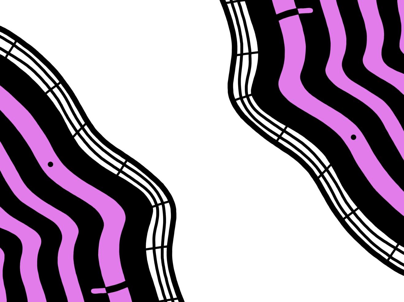 Abstrakte Illustration des HfMDK-Foyers in pink und schwarz, das Motiv für den Podcast FOYERFUNK.