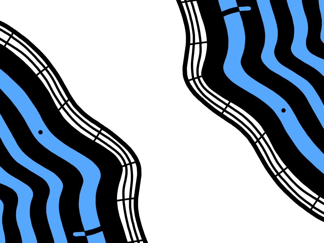 FOYERFUNK Logo in blau: Zwei Gesichter, die der Form des Foyers nachempfunden sind, schauen sich an.