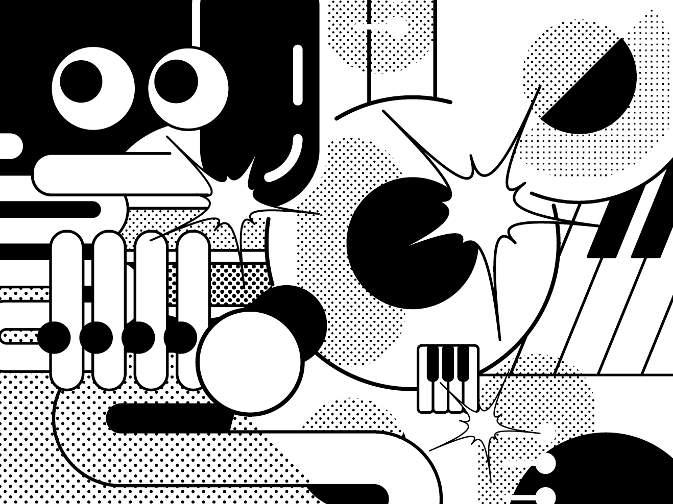 Schwarz-weiße, comic-artige Illustration verschiedener Jazz-Instrumente in Ausschnitten, wie etwa Saxophon, Klavier, Posaune., 
