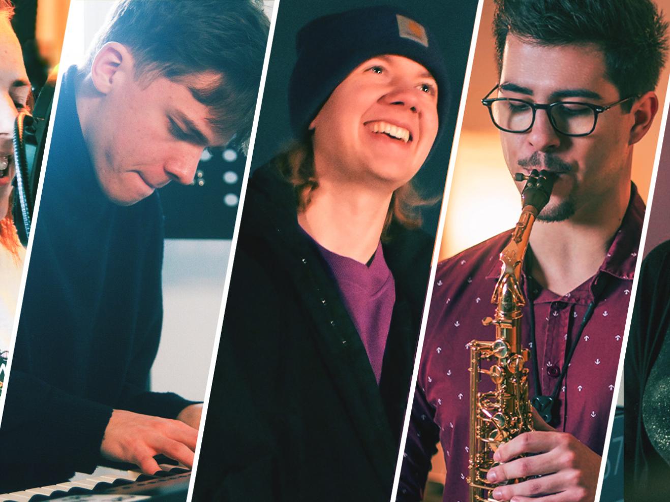 Collage mit Fotos der Bandmitglieder von BALU mit ihren Instrumenten